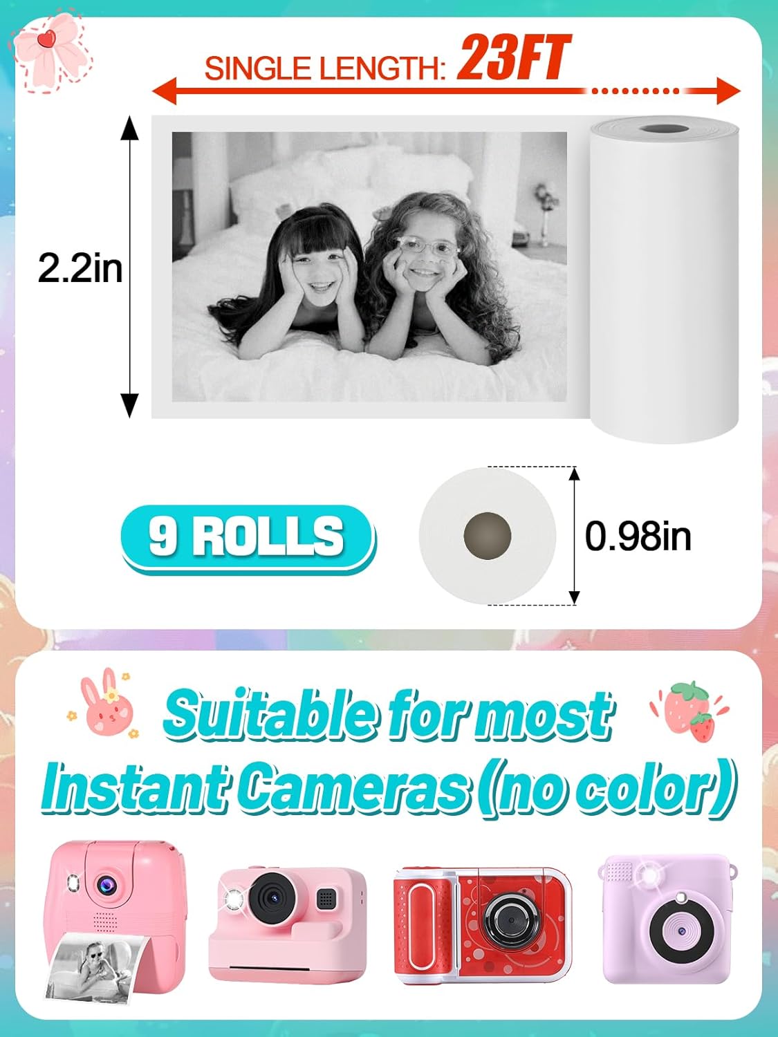 Skiennix Instant Camera Print Refill Paper - 9 Rolls of Thermal Paper for Kids' Cameras | Perfect Birthday Gift for Ages 4-10