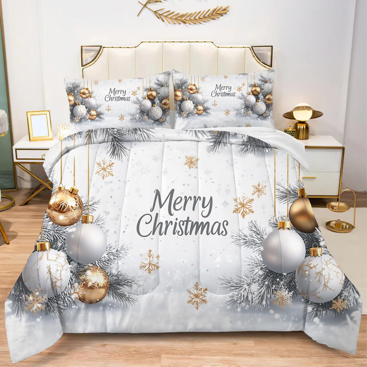 Albideyaa White Gold Christmas Balls Decorations Pattern Comforter Set Snowflakes Merry Christmas Bedding Duvet Set for Bedroom King Size 3D Print Kids Adult Quilt Set with 2Pillowcases