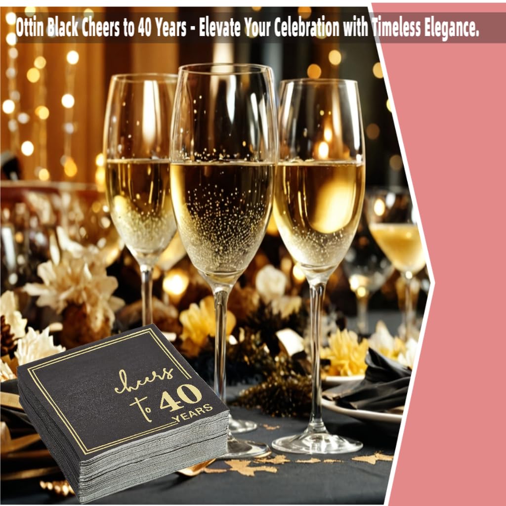 Ottin Black Cheers to 40 Years Cocktail Napkins, 5x5 Inches, 50 Counts, 3-Ply Disposable Gold Foil Party Napkins for 40th Birthdays Decorations, Anniversaries, Weddings