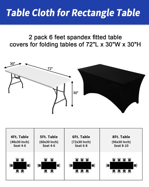 Fixwal Black Table Cloth 2 Pack 6FT for Rectangular Table Spandex Fitted Table Covers Washable Stretch for Parties, Trade Shows, Banquet, Weddings, Buffet
