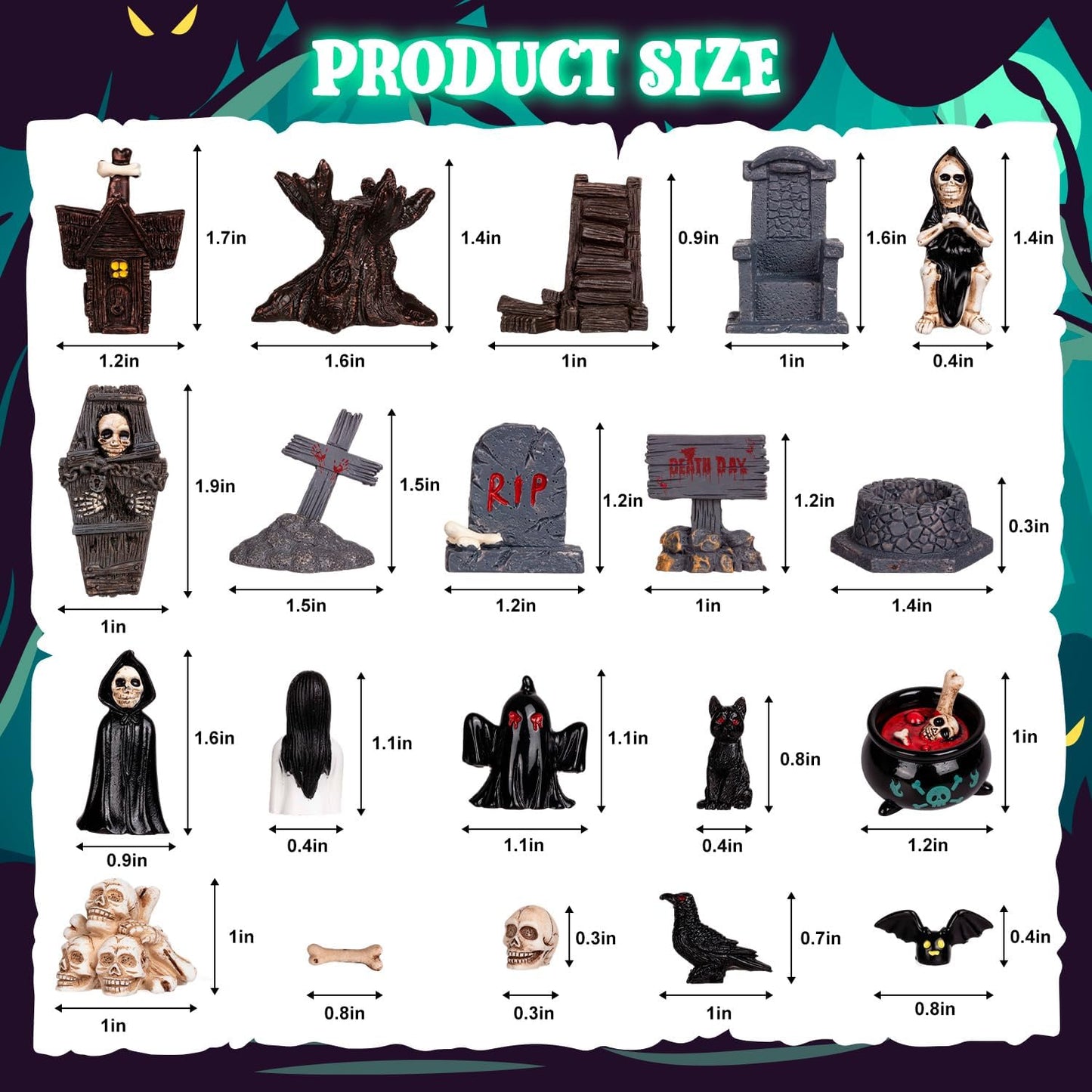 Skiennix 19-Piece Halloween Mini Figurines Set - Resin Skull Heads, Crow & Tombstone Ornaments for Home Decor