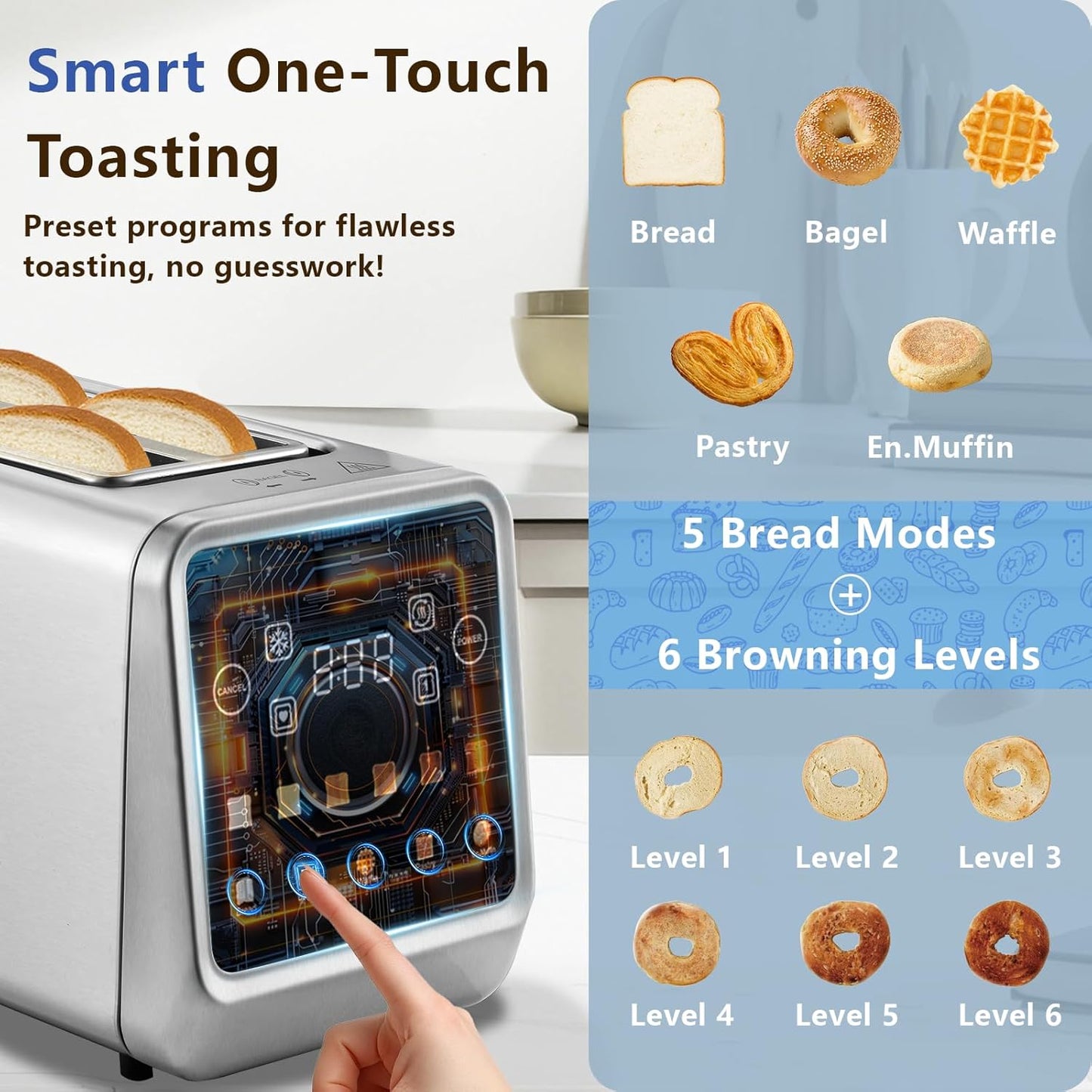 SAKAMOSH Smart Toaster - 4 Slice Digital Toaster with Touch Screen & 6 Browning Levels | Stainless Steel