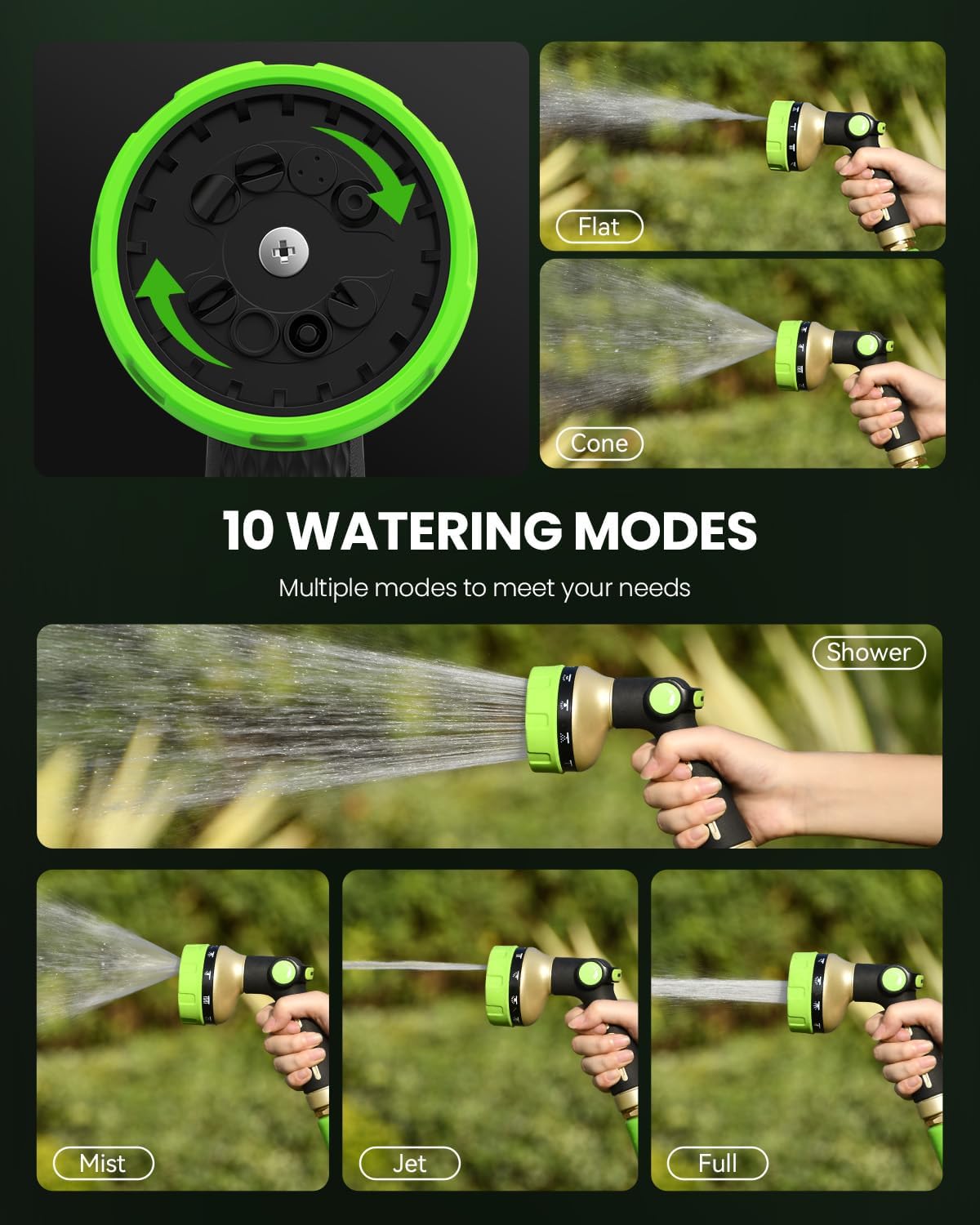 RAINPOINT Garden Hose Nozzle - Heavy Duty Metal Spray Nozzle with 10 Patterns for High Pressure Watering | Green