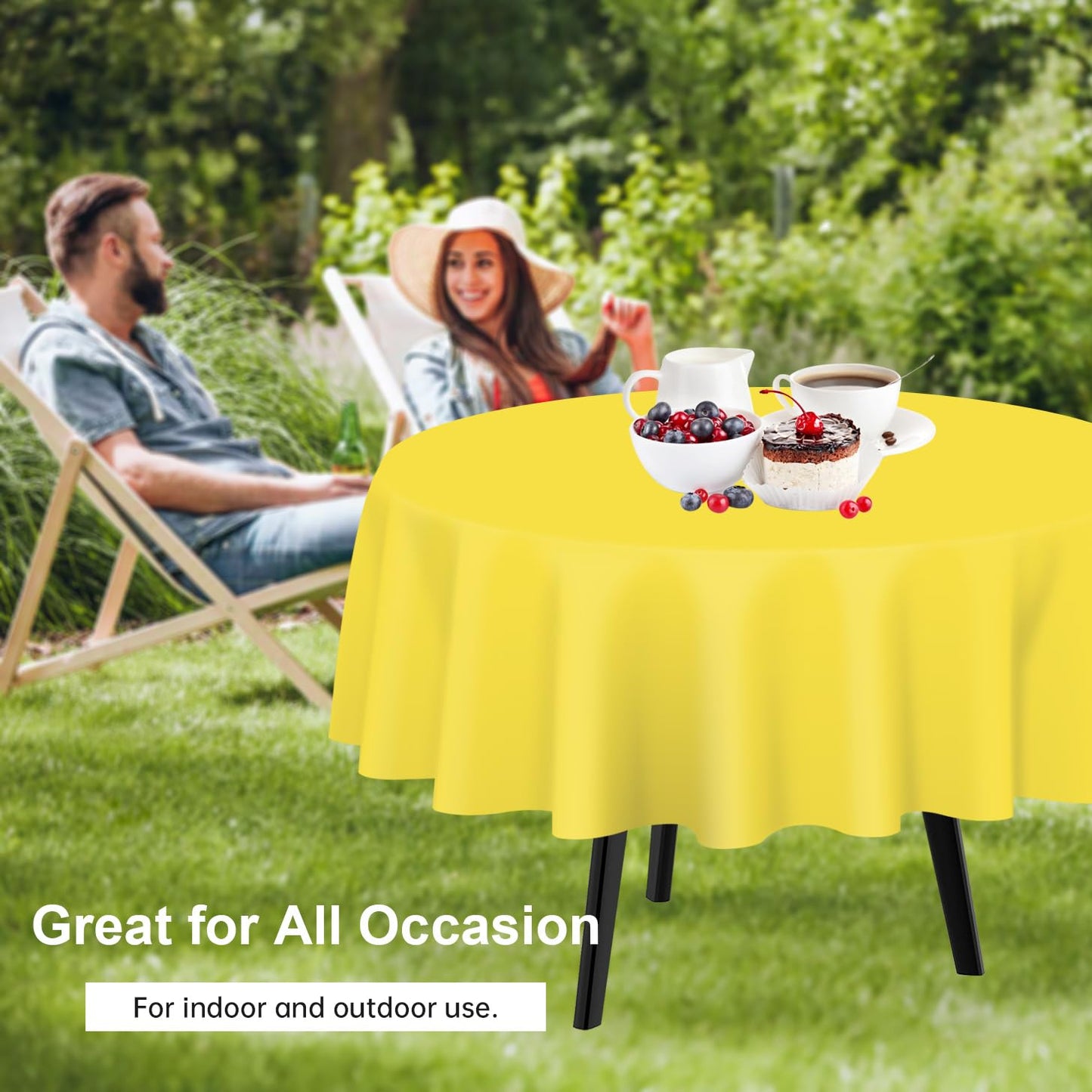 QIKSION Yellow Round Tablecloth 2 Pack, 84 Inch Plastic Table Cover Disposable for Parties