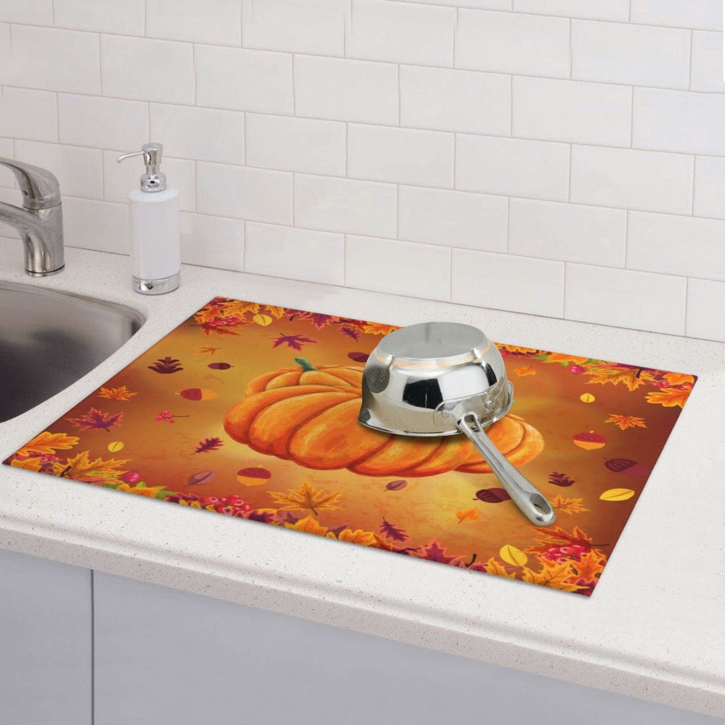 Fall Thanksgiving Pumpkin Coffee Mat Rubber Absorbent Dish Drying Mat For Kitchen Counter Coffee Bar Accessories 16x24 Inch