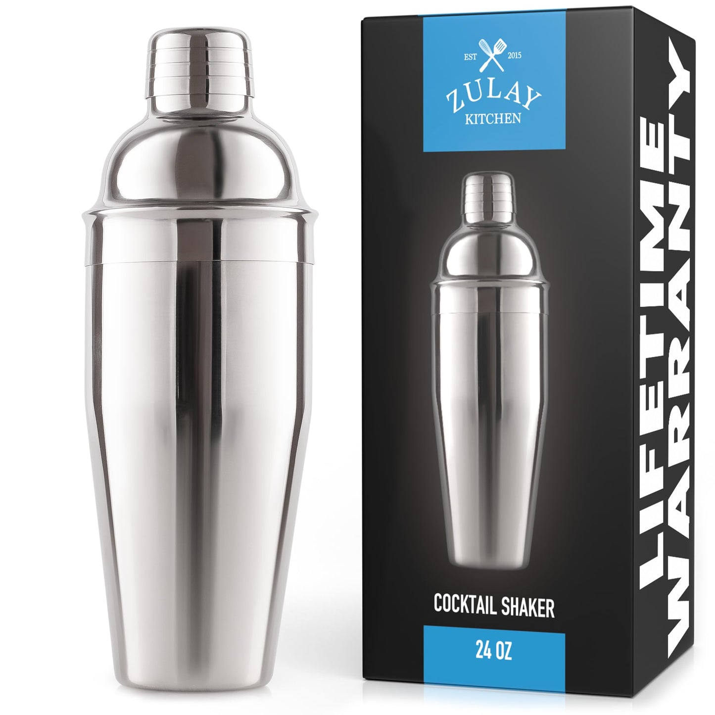 Zulay Cocktail Shaker (24oz) 18/8 Stainless Steel Martini Shaker with Built-in Strainer - Professional Grade Drink Shaker and Strainer for Bartending & Homebars (Silver)