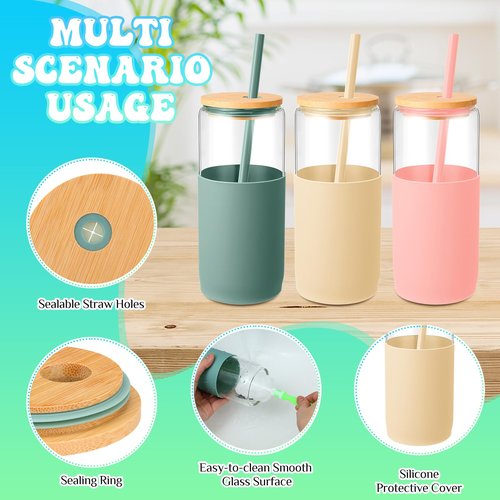 FillTouch 4 Pack 20 oz Glass Tumbler with Lid and Straw Iced Coffee Cup with Protective Silicone Sleeve Cute Smoothie Tumbler Cup Beer Can Drinking Glasses for Spring Summer(Olive, Amber, Black, Pink)