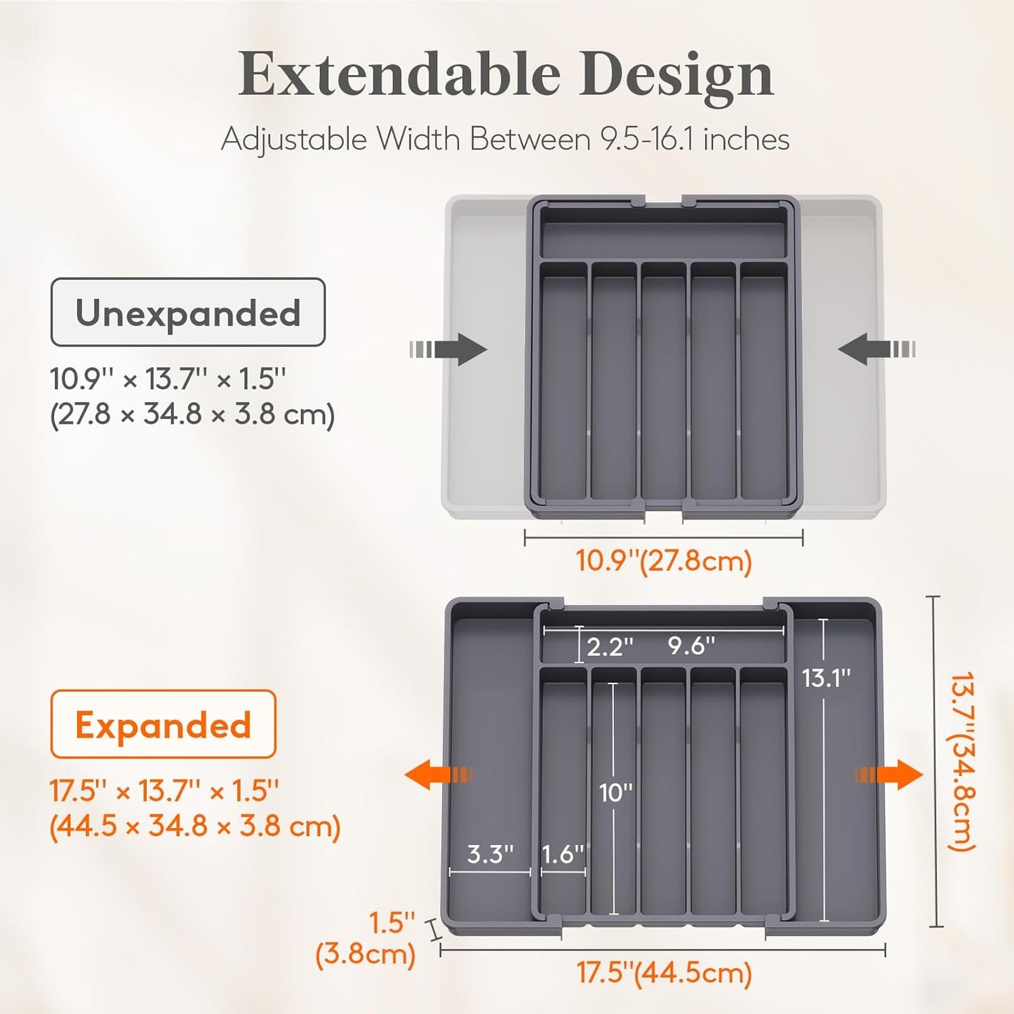 Lifewit Expandable Silverware Drawer Organizer - BPA-Free Utensil Tray for Kitchen | Adjustable Storage, Dark Grey (10.9"-17.5" x 13.7")