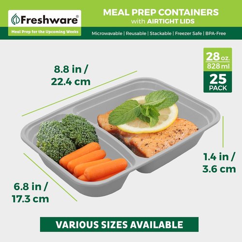 Freshware Meal Prep Containers - 25 Pack 2-Compartment Bento Boxes | BPA-Free, Stackable, Microwave & Freezer Safe (28 oz) - Grey
