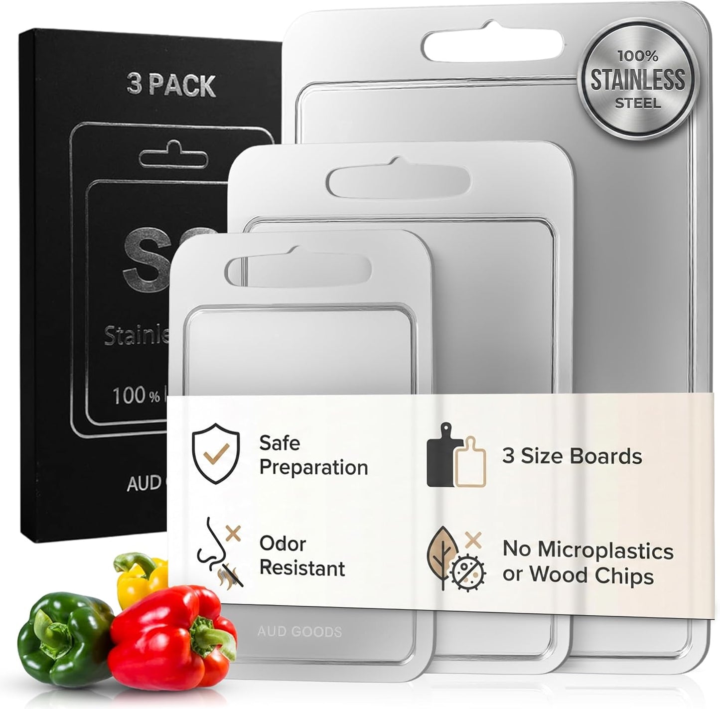 Stainless Steel Cutting Boards - Durable Double-Sided Boards with Juice Grooves | 3 Pack for Home & Professional Use