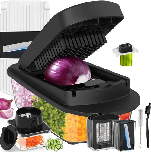 12 Blade Vegetable Chopper Mandoline Slicer - All-in-One Kitchen Gadget with Container | Black