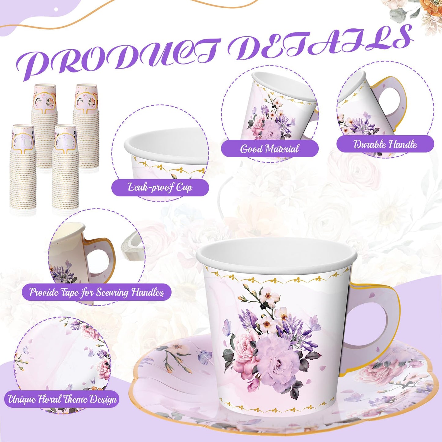 Umigy 60 Set 6.5 oz Floral Paper Tea Cups with Handle and Plates Tea Party Decorations with Tape Disposable Blossom Teacups and Saucers Sets for Hot Cold Birthday Drink(Elegant)