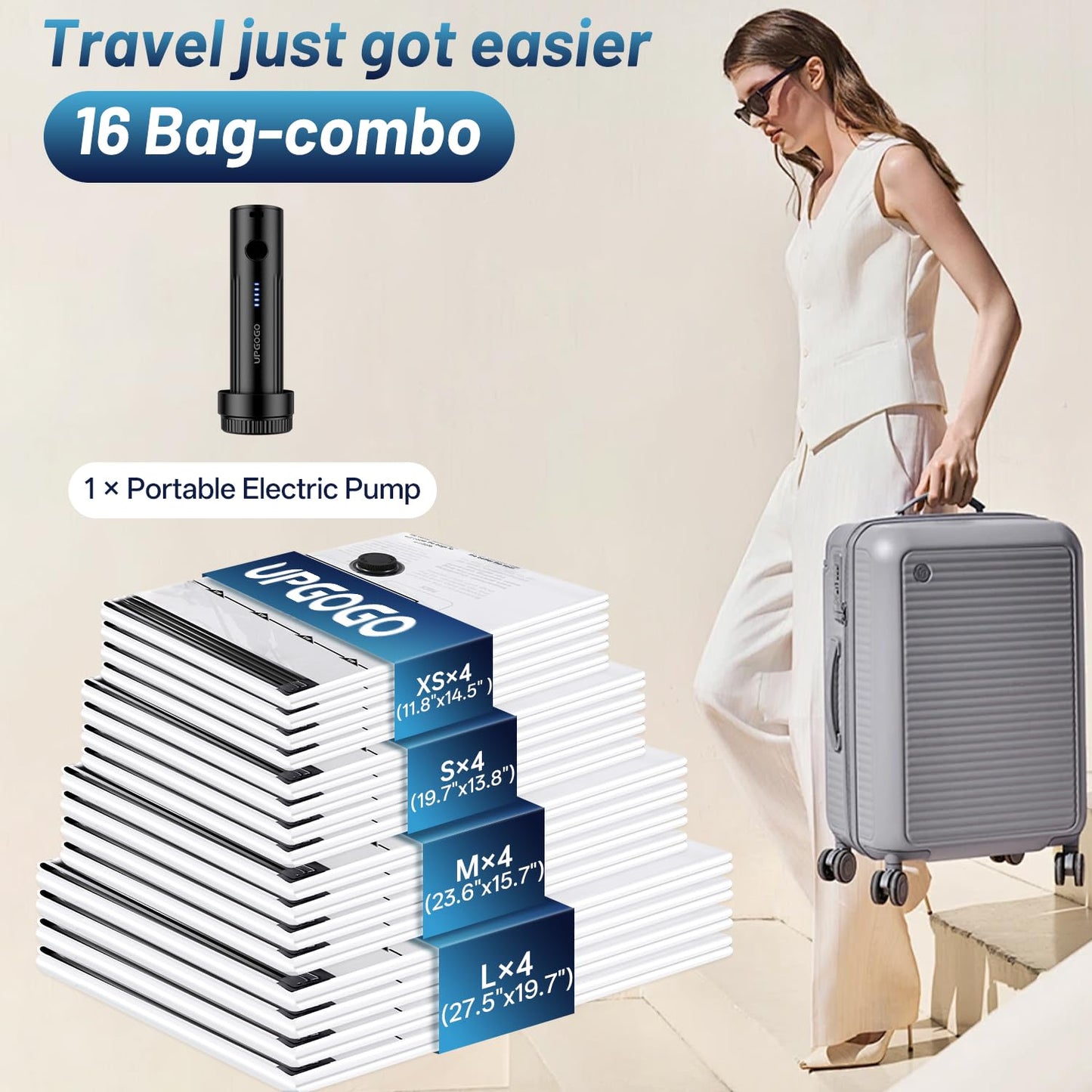 UPGOGO Travel Vacuum Bags for Luggage with Portable Electric Pump,Vacuum Seal Bags for Clothing,Packing Cubes Compression,Cruise Ship and Travel Essentials(Combo 16 Pack)