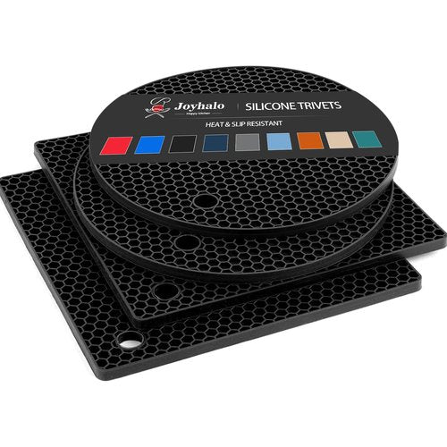 Joyhalo Trivets for Hot Dishes - Hot Pads for Kitchen, Silicone Pot Holders for Hot Pots and Pans, Silicone Mats for Kitchen Countertops, Table, Flexible Easy to Wash and Dry, Black