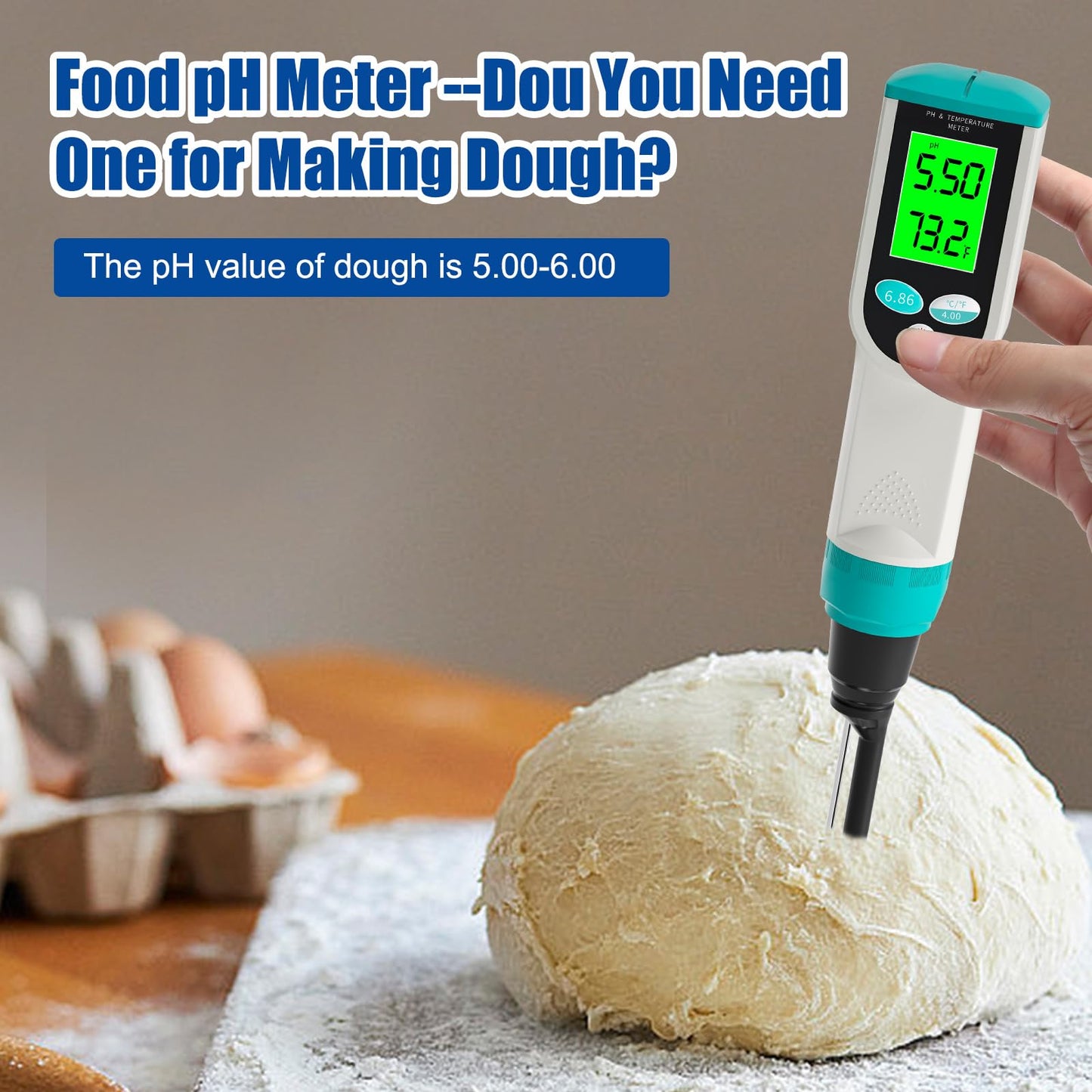Yewhick Food pH Meter, Digital Waterproof pH Tester with High Accuracy pH/Temperature Probe, Ideal for Sourdough, Cheese, Solid Samples, and Liquid Foods, 0.01 Resolution