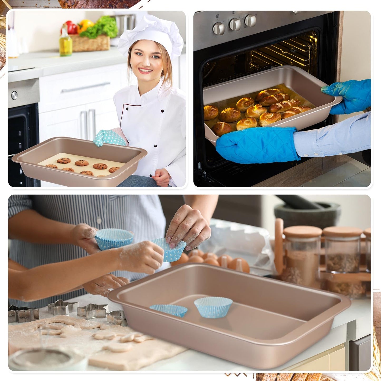 Qinyoung 2 Pcs Cake Baking Pan with Lid and Handle, 9 x 13 Inch Non-stick Rectangle Sheet Cake Pan Carrier for Brownie Roasting Cooking Baking (Gold)