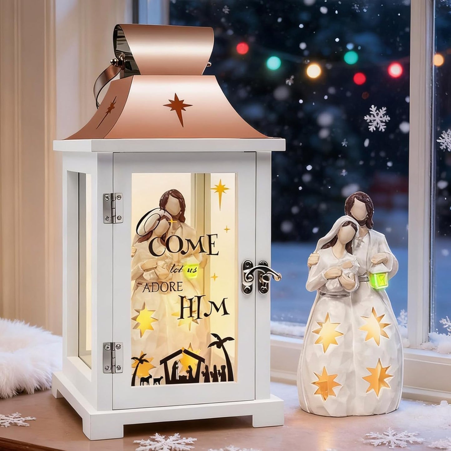 Regine Switzerland Christmas Nativity Set - 15.1" Tall Lantern for Table Centerpieces & Holiday Decor