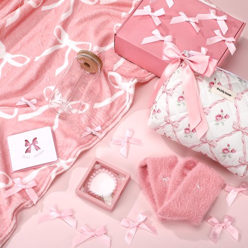 Didaey 10 Pcs Pink Bow Gift Baskets for Woman Birthday Gifts for Girls Teenage Pink Coquette Glass Cups Soft Blanket Teen Girl Birthday Box Gift for Her, Sister Friend Women 16th 18th 21st Box Set