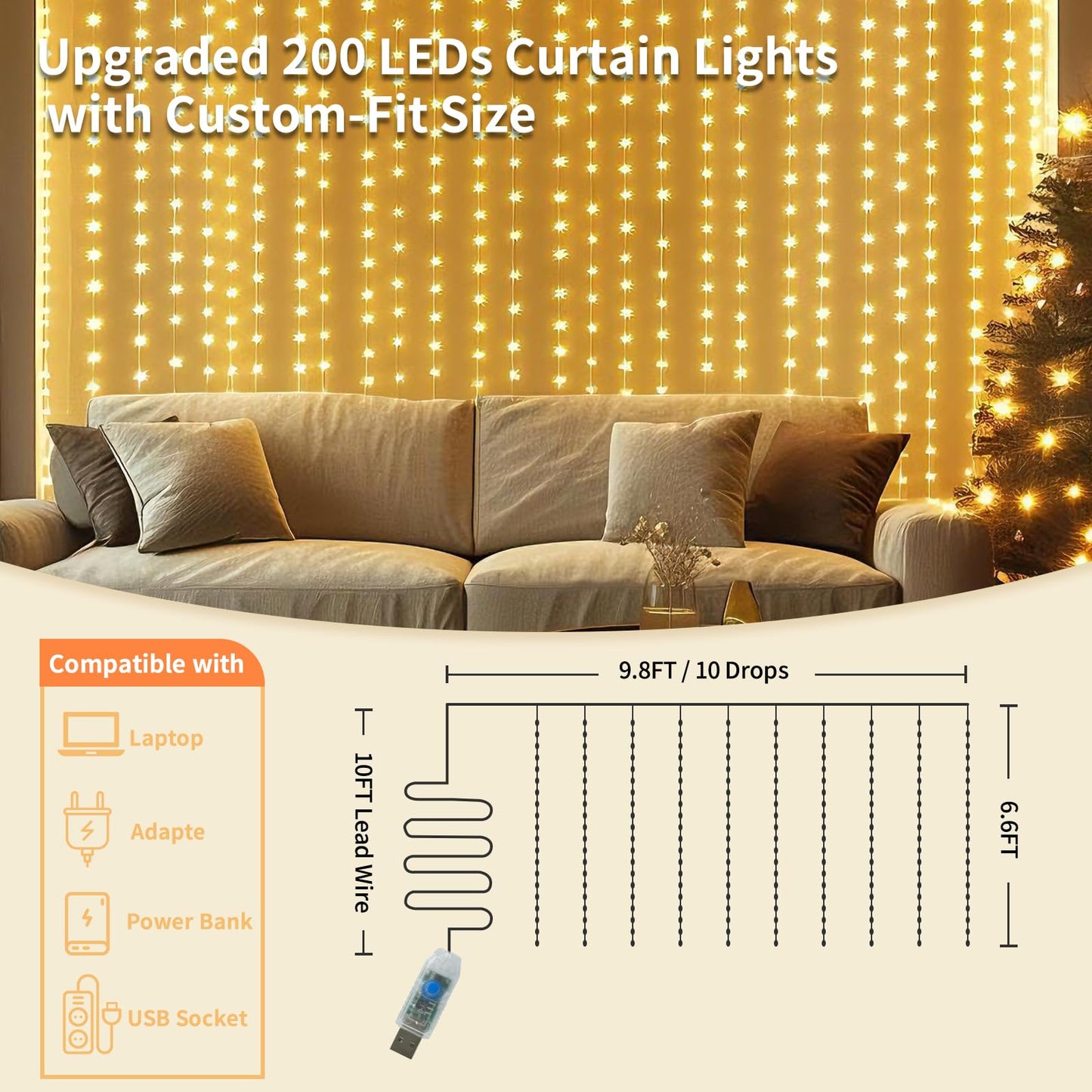 Patioman Fairy Curtain Lights, 200 LED Upgraded Tangle-Free Hanging Lights with Remote, USB Plug in String Lights for Bedroom Wall Window Wedding Party Xmas Home Décor - 9.8 x 6.6 Ft, Warm White