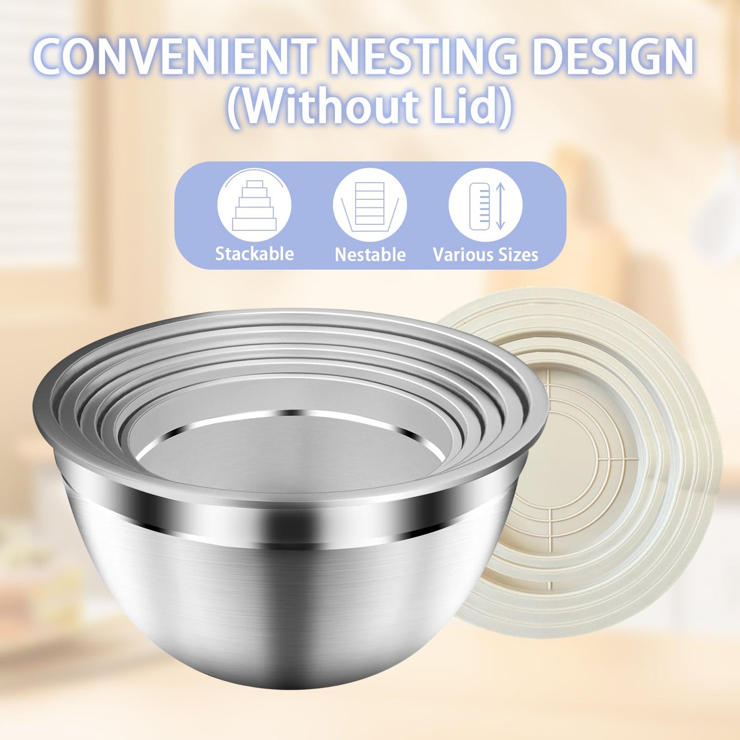 ZEENSUY Mixing Bowls with Airtight Lids Set, 5 PCS Stainless Steel Khaki Nesting Bowls for Kitchen, Large Prep Metal Mixing Bowls for Kitchen, 5.5/4/3.5/2/1.5 QT for Mixing & Serving