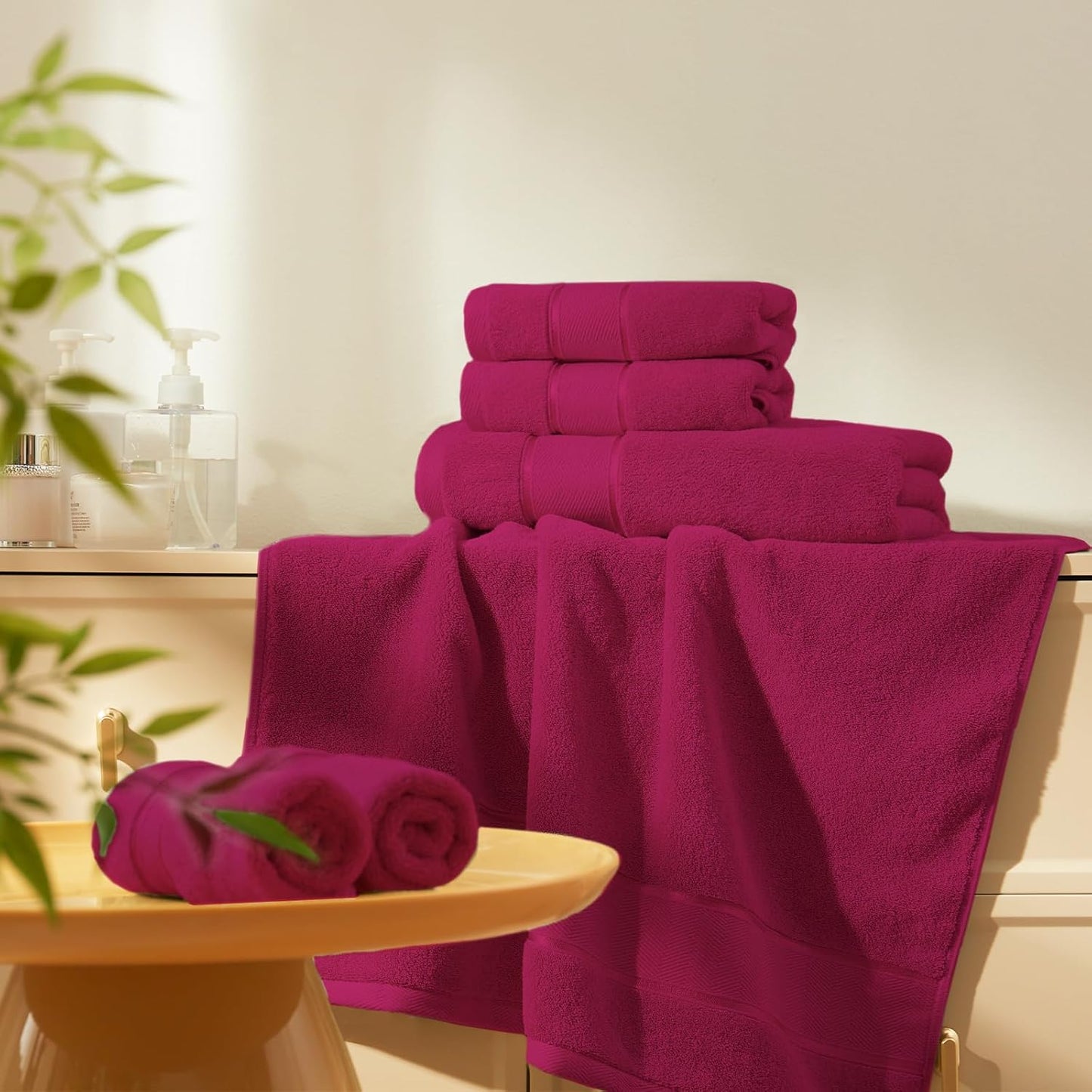 Marvione Bath Towels Set - 100% Turkish Cotton, Highly Absorbent & Soft - 6 Pieces in Hot Pink