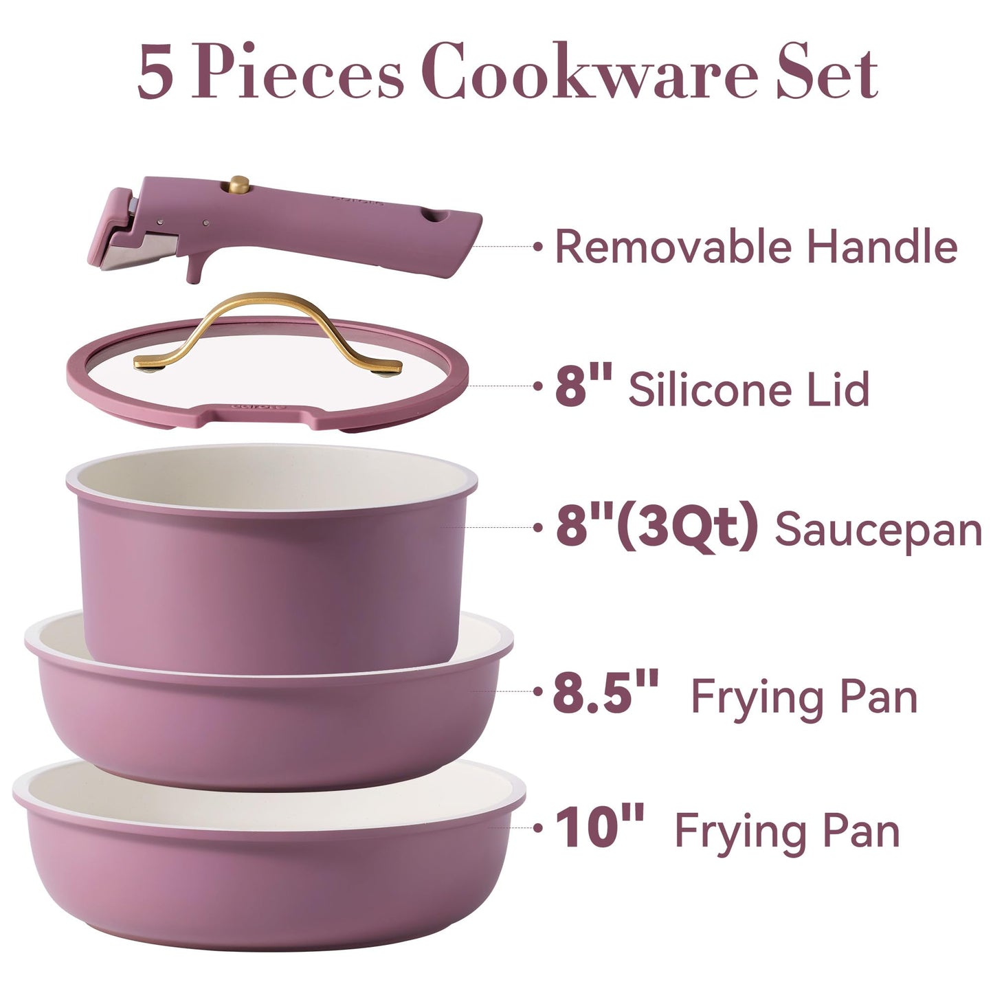 CAROTE 5pcs Pots and Pans Set, Nonstick Cookware Set Detachable Handle,kitchen essentials,RV kitchen pot and pan,Induction Cookware,Oven Safe,PFOA PFOS FREE,Purple