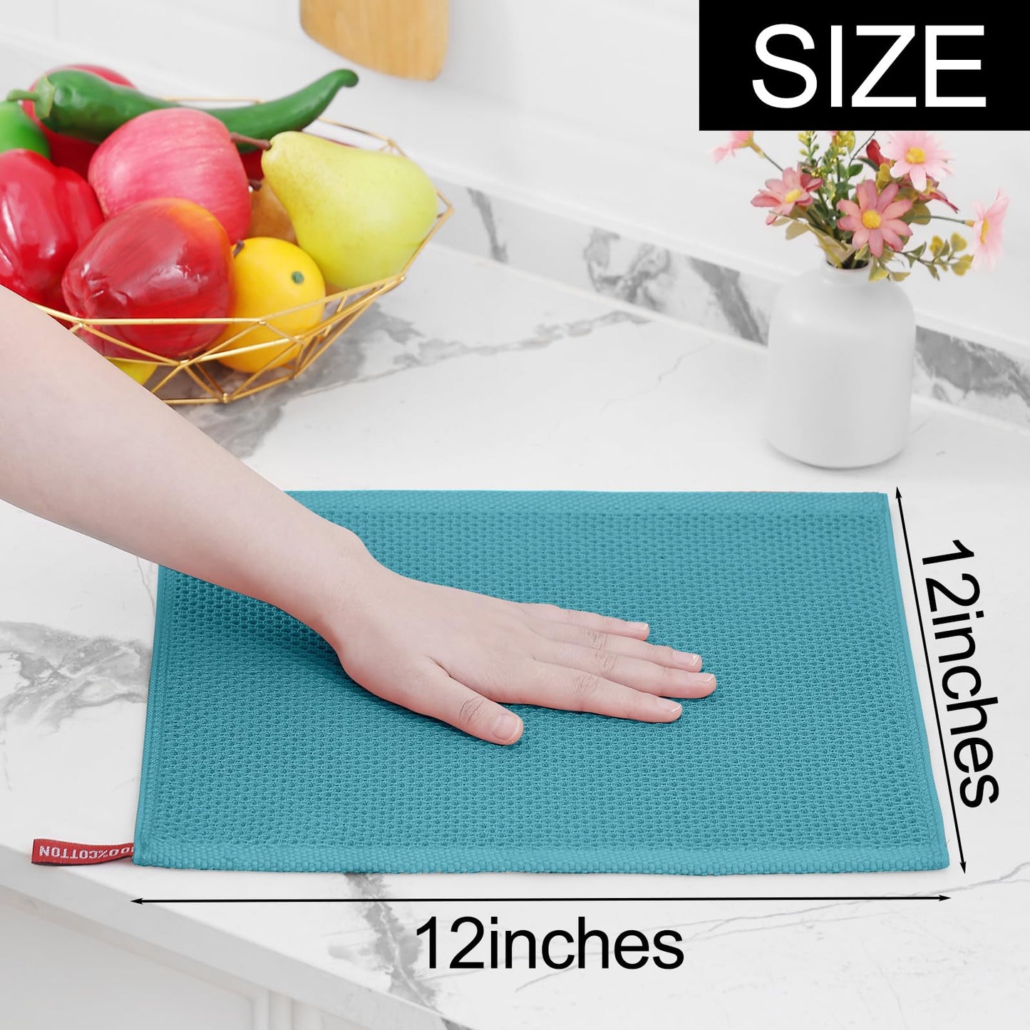 Homaxy 100% Cotton Waffle Weave Kitchen Dish Cloths, Ultra Soft Absorbent Quick Drying Dish Towels, 12 x 12 Inches, 12-Pack, Lake Blue