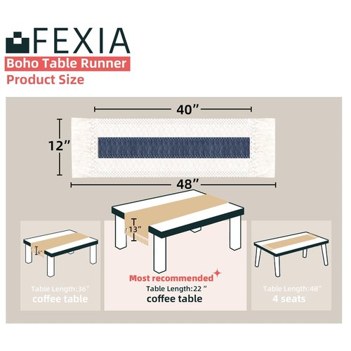 FEXIA Boho Table Decor 48 Inch Cream & Blue Macrame Runner with Tassels for Boho Dining & Bedroom Decor Rustic Bridal Shower (12x48 Inches)