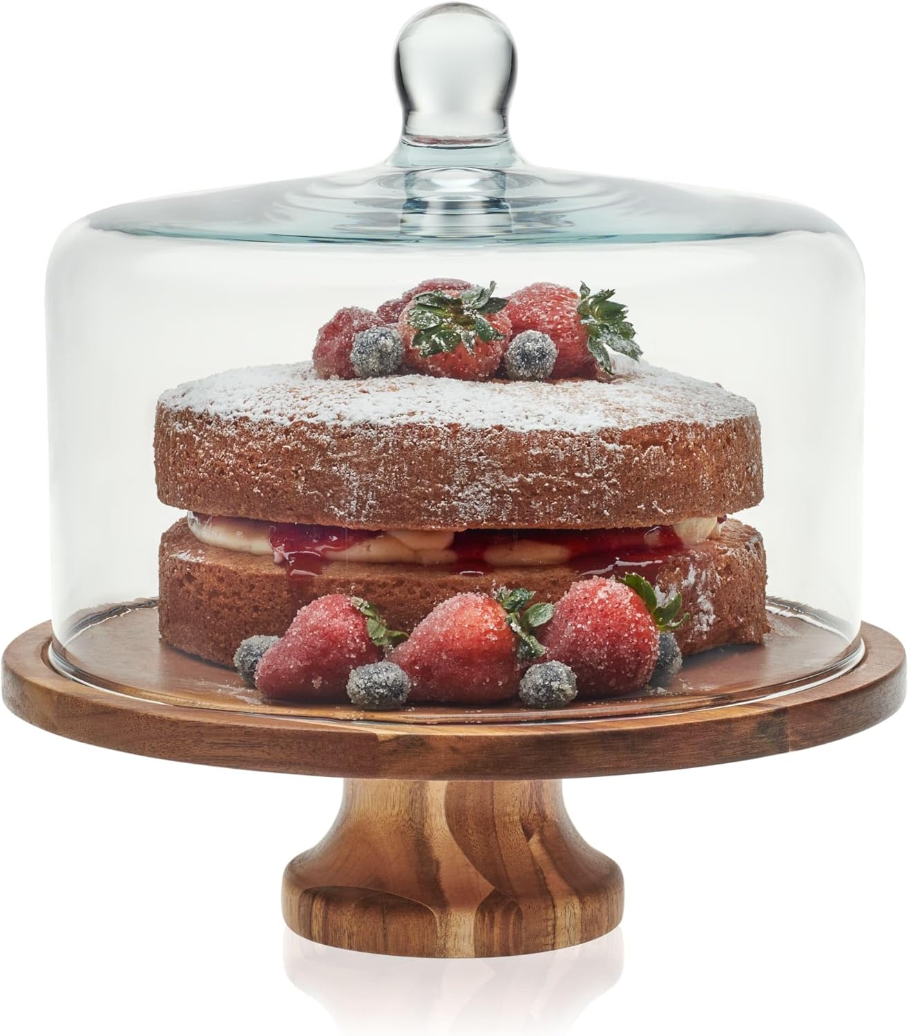 Libbey Acacia Wood Cake Stand - Elegant Footed Design with Glass Dome Lid | Perfect for Desserts