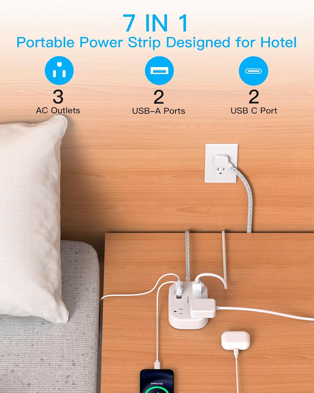 One Beat | Travel Power Strip with USB-C Ports - 3 Outlets & 4 USB Ports, 5 ft Extension Cord for Cruise & Dorm Room