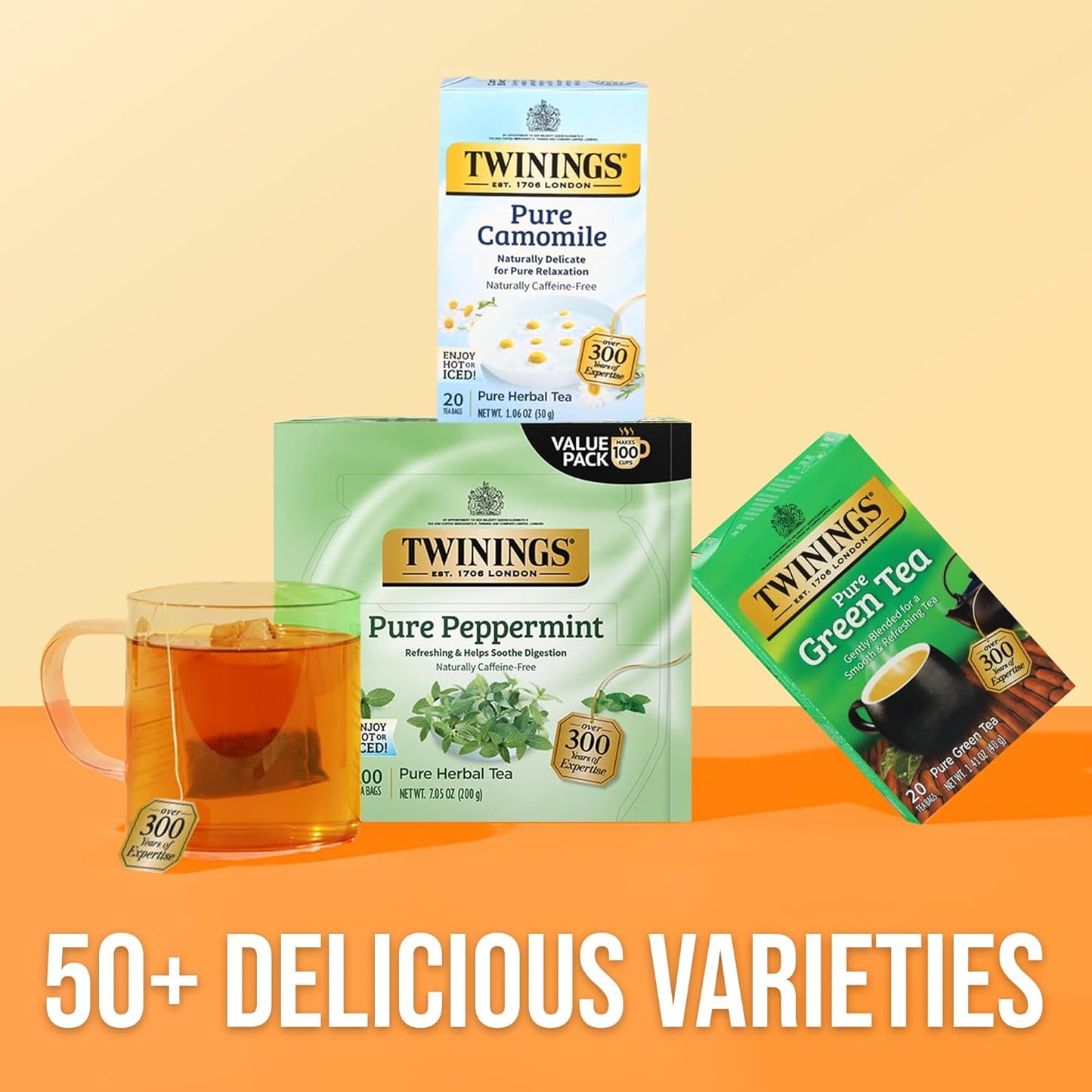 Twinings Pure Peppermint Herbal Tea - 100 Individually Wrapped Teabags | Fresh Minty Flavor, Caffeine-Free