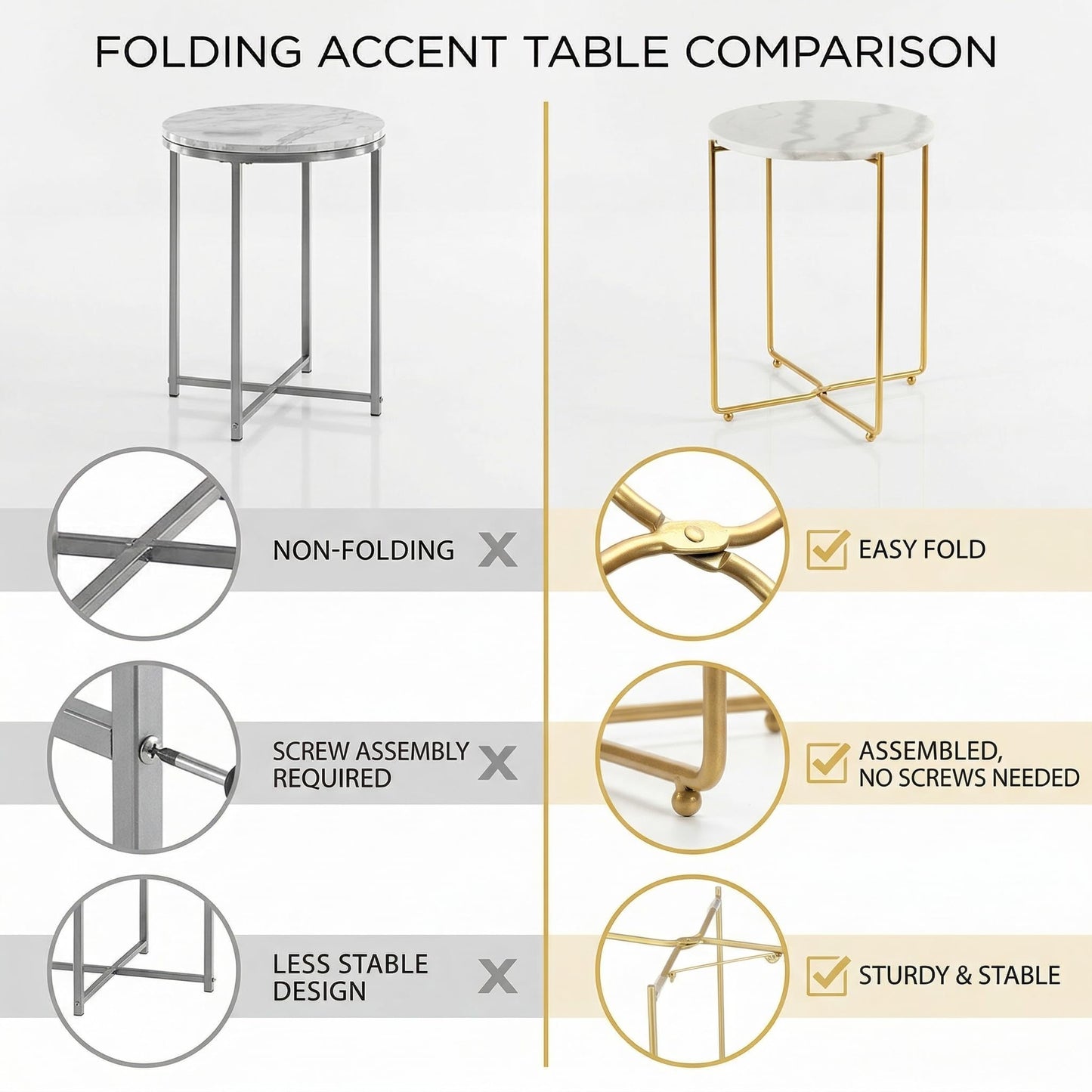 ALPOME Real Marble Side Table, No Assembly Required Round End Table for Living Room, 15" Modern Small Accent Bedside Table with Gold Metal Legs, Waterproof Nightstand for Sofa, Bedroom, White