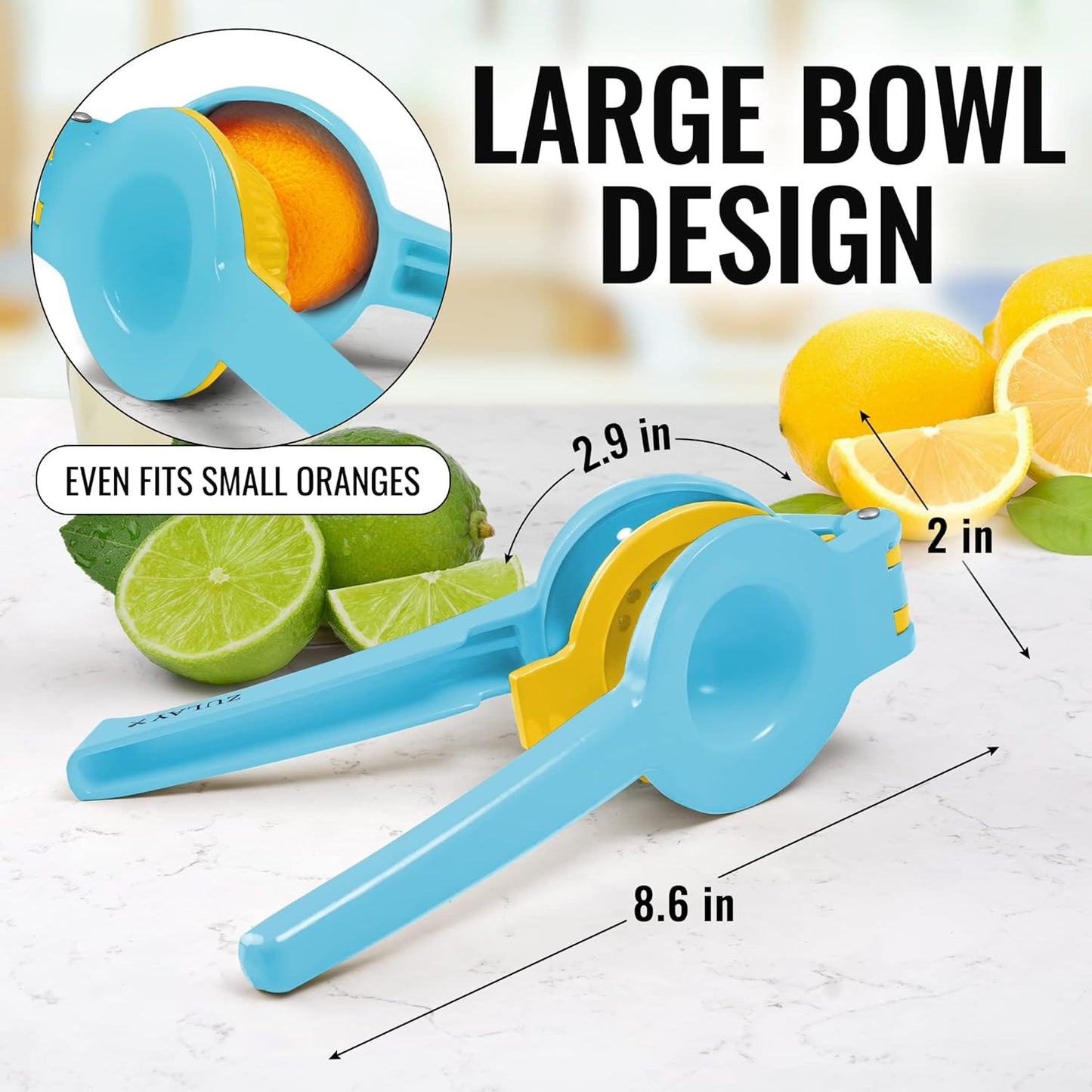 Zulay 2-In-1 Metal Lemon Squeezer - Sturdy Manual Juicer for Maximum Juice Extraction - Easy to Clean - Blue/Yellow