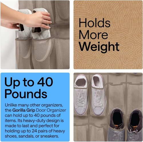 GORILLA GRIP Over The Door Shoe Organizer - 24 Large Breathable Mesh Pockets | Space-Saving Beige Storage Solution