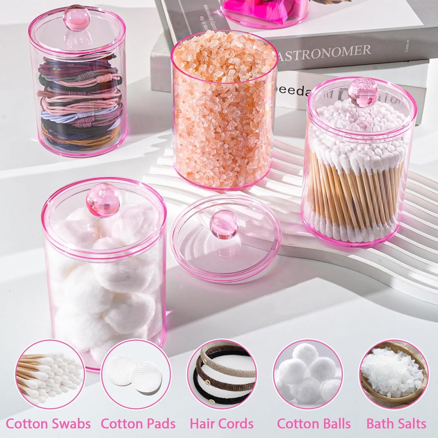 XIPENGKEJI Qtip Holder Set - 4 Pack Apothecary Jars with Lids for Cotton Swabs & Pads | 10oz-12oz Pink
