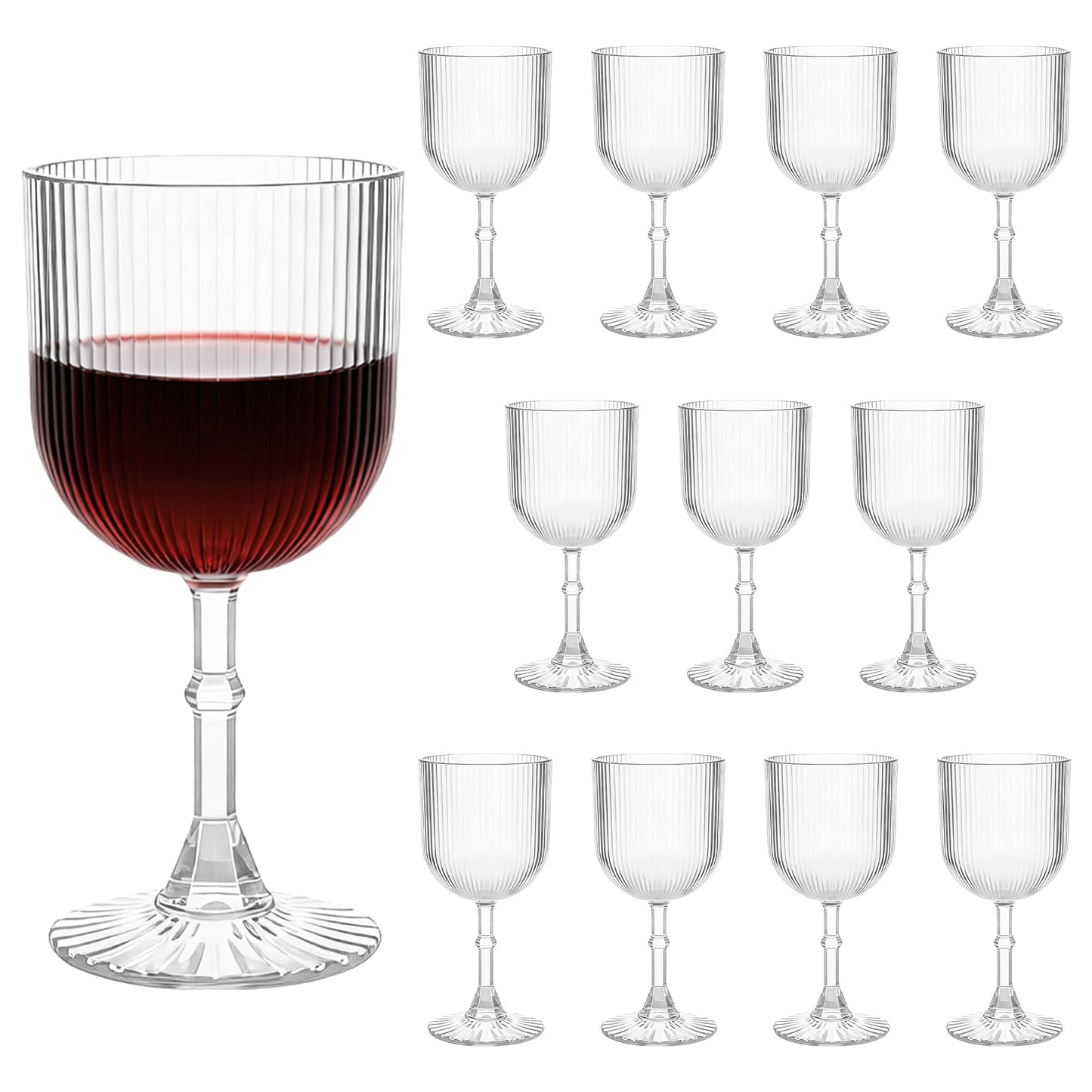 LEYIQU Plastic Goblets, 9oz Ribbed Acrylic Wine Glasses, Vintage Drinking Glasses with Stem, Unbreakable Reusable Disposable Water Goblets Bulk for Parties Weddings Dinner Easter (Clear, 12pcs)