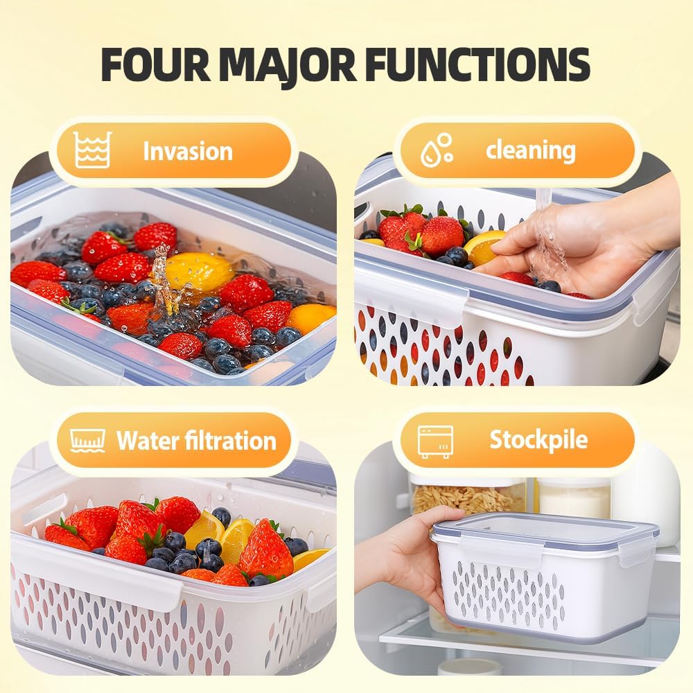 Transparent Fruit Storage Containers by [Brand Name] - Leak-Proof, Removable Colander Set for Berries & Vegetables - 3 Pcs (Grey)
