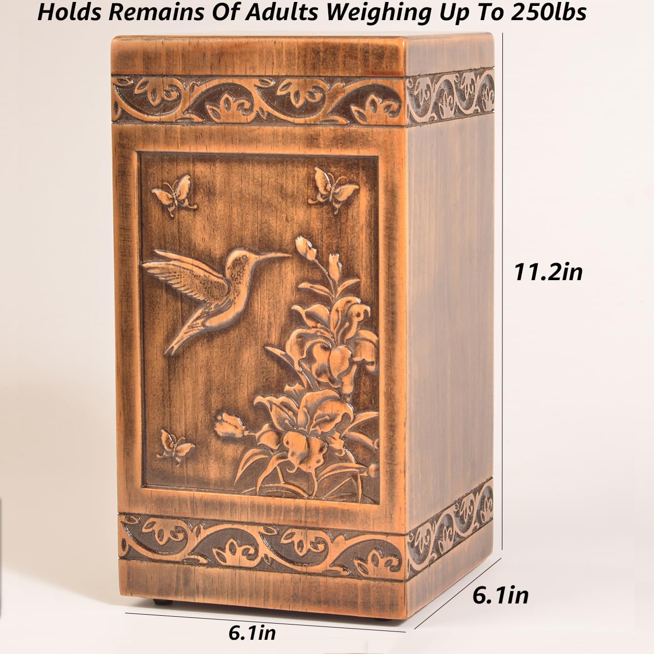 Handmade Wooden Engraved Urn for Human Ashes Adult Male Female Satin Bag Cremation urns Box (Butterfly(250lbs))