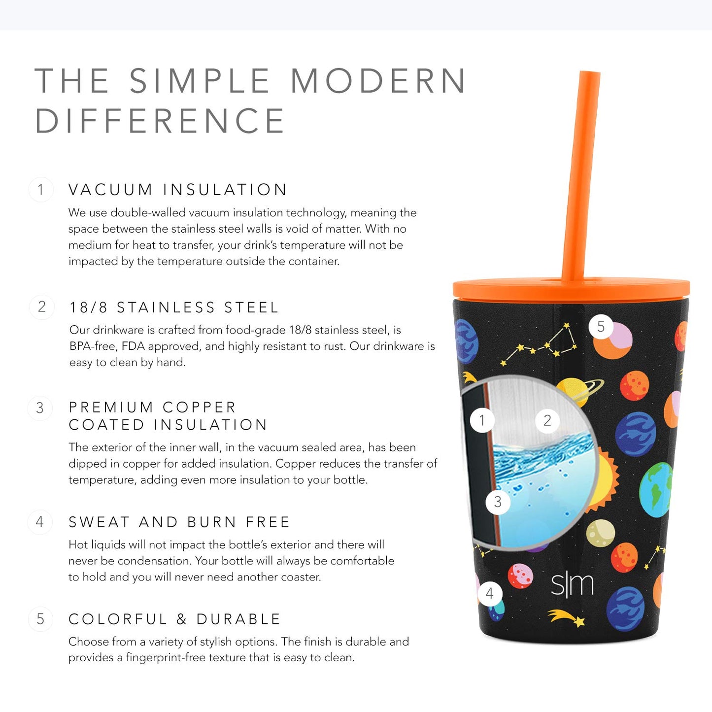 Simple Modern Toddler Cup with Lid and Silicone Straw | Kids Water Bottle Tumbler Insulated Stainless Steel Thermos | Classic Collection | 12oz, Solar System