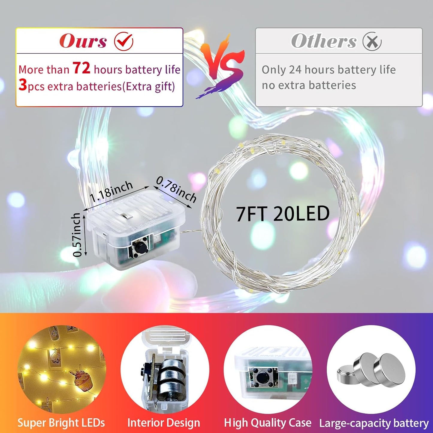 Skiennix 12 Pack Rainbow Fairy Lights - 7Ft 20 LED Twinkle String Lights | Battery Operated & Waterproof for Parties, Weddings, and Decor