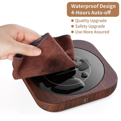 Coffee Mug Warmer with Auto Shut Off, 3 Temperature Settings, Brown Wood Grain Design, Electric Beverage Heater with Borosilicate Glass Panel, 54-Inch Cord, Fits Mugs, Teapots, and Cups