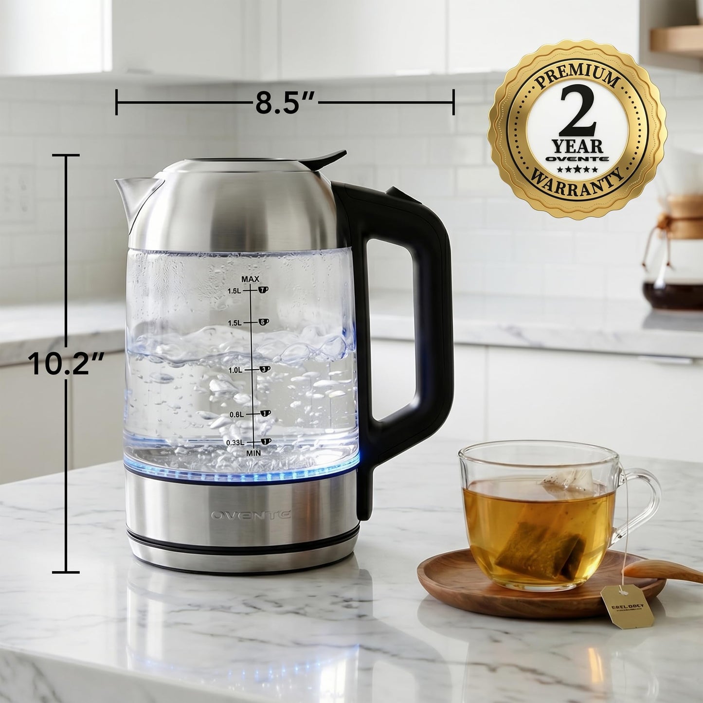 OVENTE Electric Kettle, 1.8L Glass Tea Kettle & Stainless Steel BPA-Free Cordless Electric Kettle, 1500W Fast Boil Electric Pot with Easy-Fill Lid, Auto Shut-Off & Boil Dry Protection, Silver KG751S
