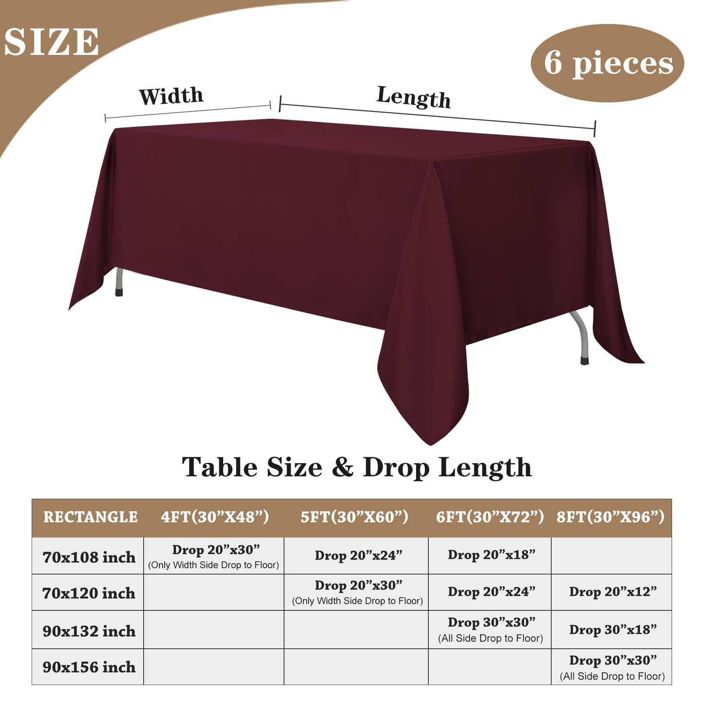 Fitable Burgundy Rectangle Tablecloths for 6 Foot Tables, 6 Pack - 70 x 108 Inches - Stain Resistant and Washable Table Clothes, Polyester Fabric Table Covers for Wedding, Party, Banquet, Buffect