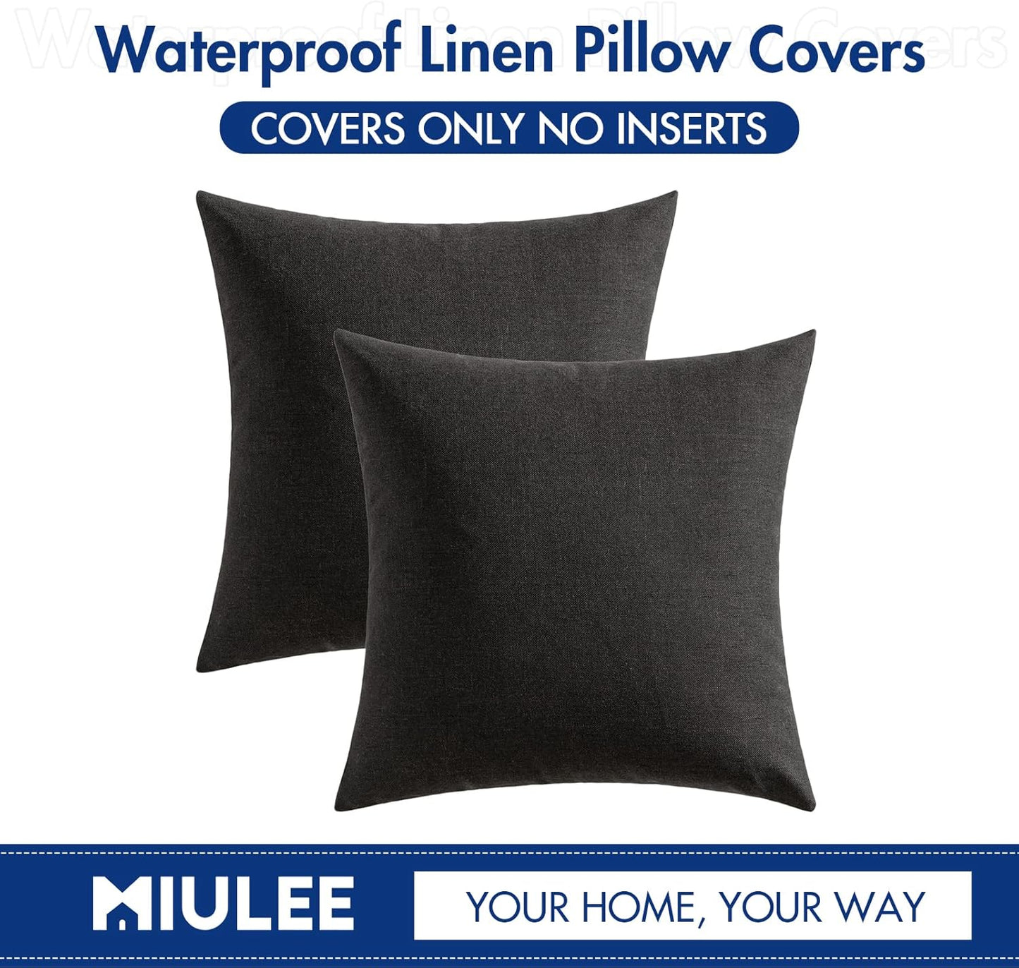 MIULEE Outdoor Throw Pillow Covers - Waterproof Decorative Linen Cushion Shams | 18x18 Inch, Black - Perfect for Fall & Halloween
