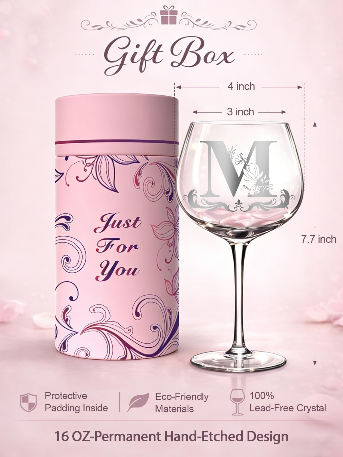Mothers Day Gifts for Mom, Grandma, Wife - Personalized Initial A-Z Wine Glass Gifs for Women - Unique Birthday Gift for Her, Sister, Best Friend - 16oz Elegant Custom Monogram Glass (Letter M)