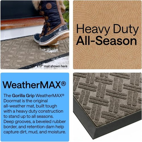 GORILLA GRIP Waterproof All-Season WeatherMAX Doormat - 47x35 Natural Rubber, Stain & Fade Resistant, Easy Clean, Taupe