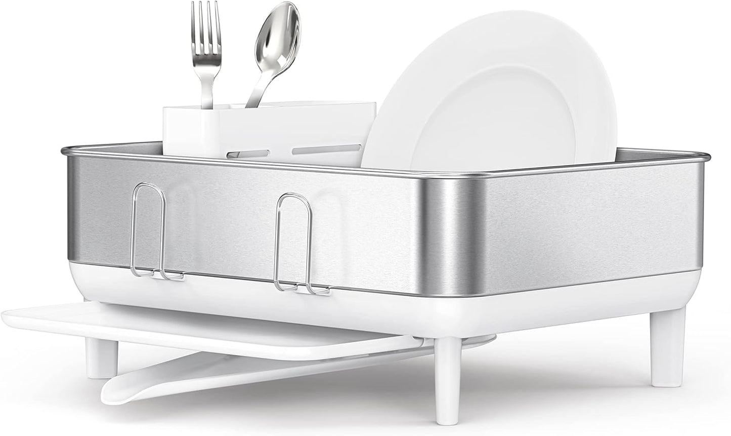 simplehuman Compact Dish Drying Rack - Swivel Spout, Fingerprint-Proof Stainless Steel, White Plastic