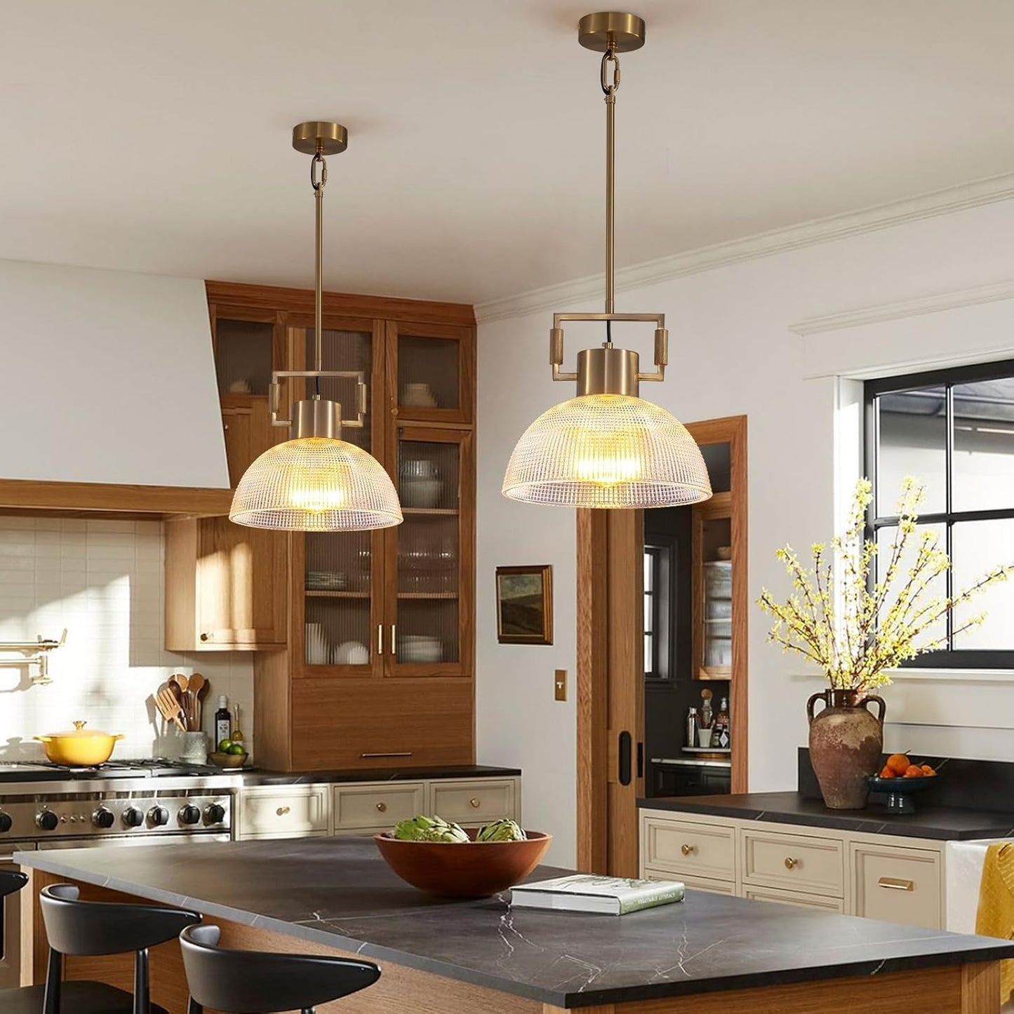 Pendant Lights Kitchen Island, 11.8" Gold Glass Pendant Lights Modern Vintage Fluted Large Dome Shade Brass Island Lights for Kitchen Dining Room Hallway Bedroom Restaurant.