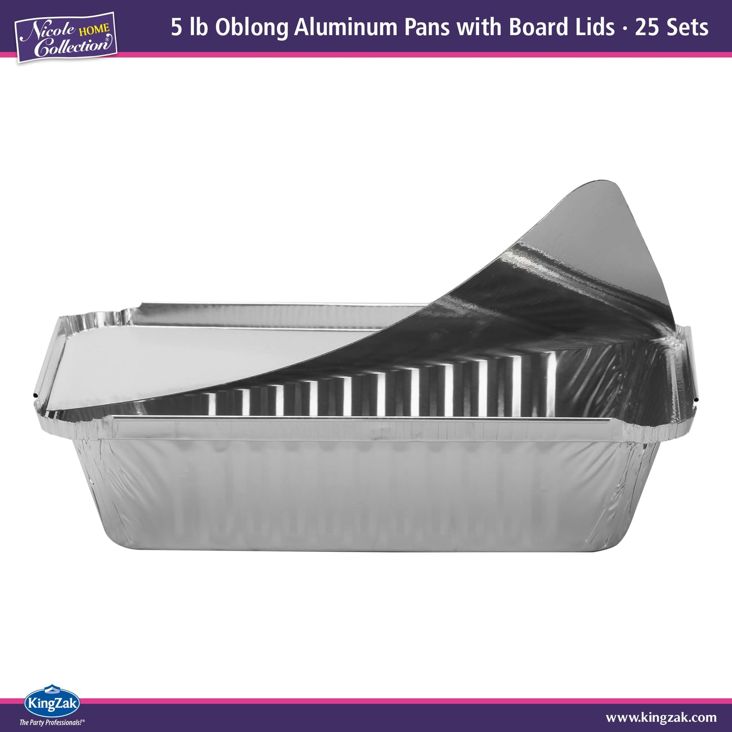 Nicole Home Collection Aluminum Pans With Lids - 25 Count - 5LB (10" x7.5) Oblong Pans - To Go Containers With Lids - Disposable Tin Foil Pans - Perfect For Catering, Meal Prep, Baking, Freezer Safe
