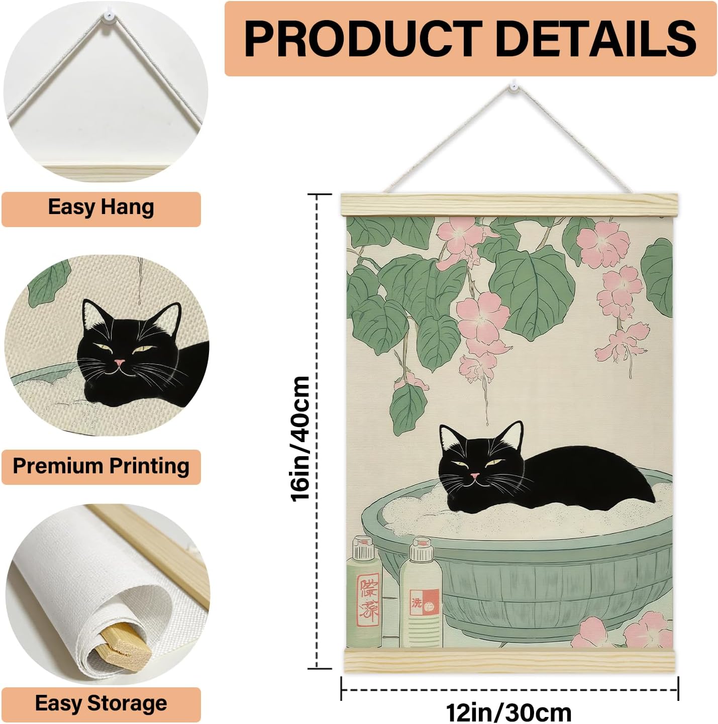 LETUROIA Japanese Cat Bathroom Poster Hanger Frame - Black Cat Aesthetic Canvas Wall Art (12x16") for Home Spa Decor